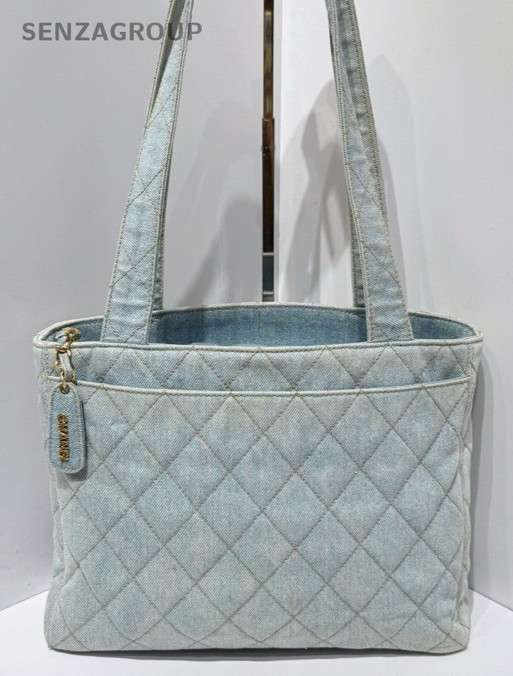 Chanel Tote Vintage Shoulder Bag Blue Used Women Diamond Classic