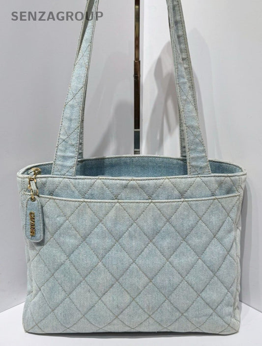 Chanel Tote Vintage Shoulder Bag Blue Used Women Diamond Classic