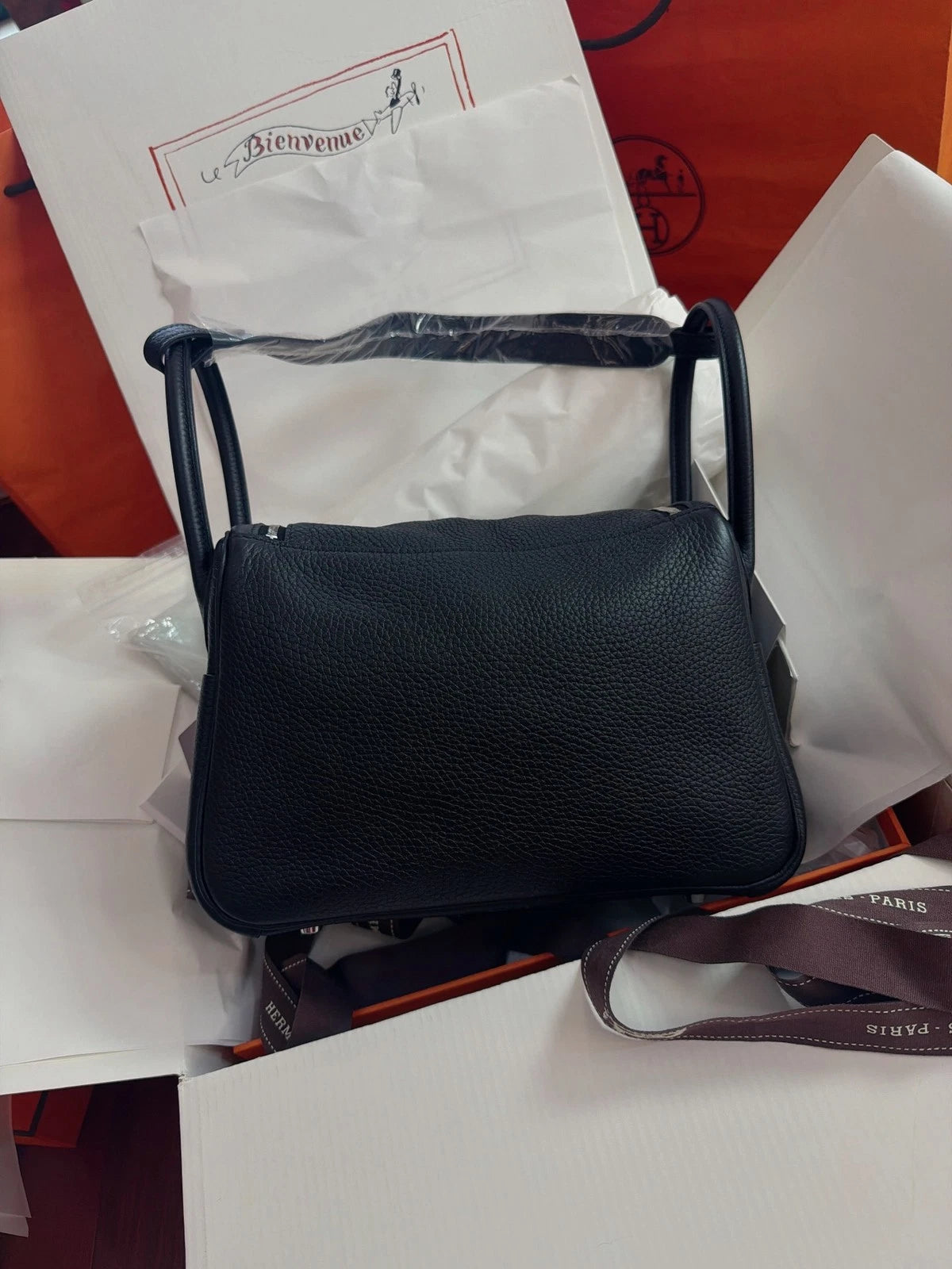 New Hermes Lindy26 Black 2Way Handbag Shoulder Bag Silver Hardware