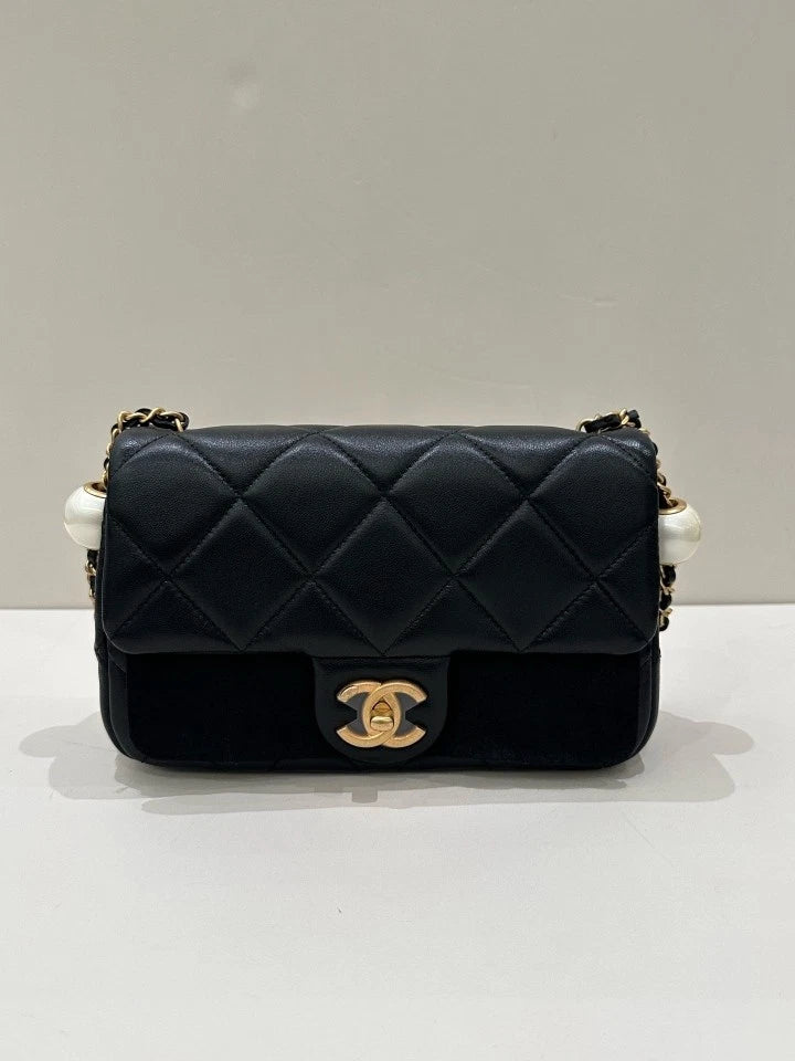 CHANEL Double Pearl Large Mini Crossbody Bag Black For Women