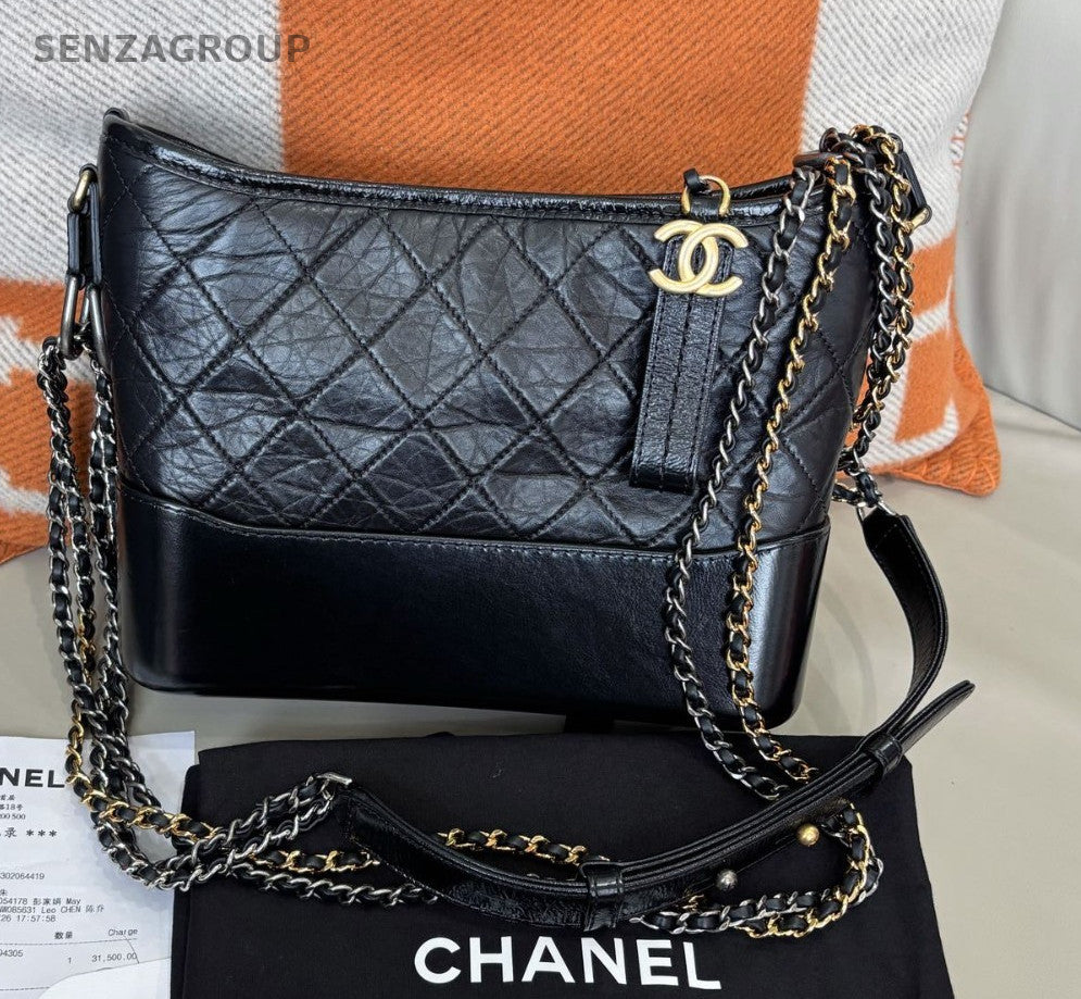 CHANEL Gabrielle MM Diamond Pattern Chain Shoulder bag Crossbody Black Gold