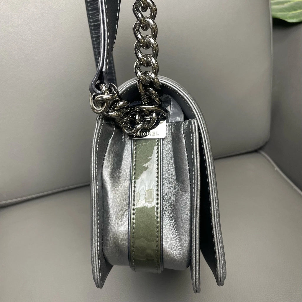 CHANEL Medium Leboy Woven Flap Silver Shoulder Crossbody Women