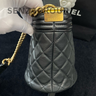 Chanel Le Boy Chevron Quilted Bucket Bag Black Gold Chain Crossbody