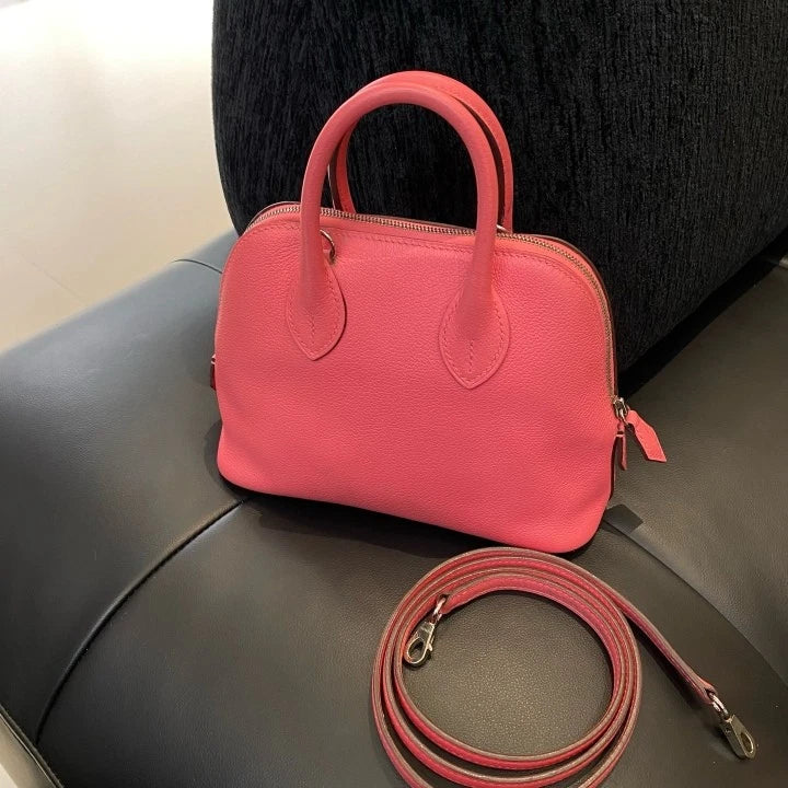 Hermes Bolide Mini Pink Silver Evercolor Leather Top Handle Crossbody Women D
