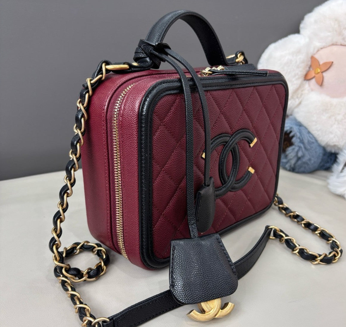 Chanel Vanity Case MM Chain Crossbody Red Black Gold Women Classic Diamond