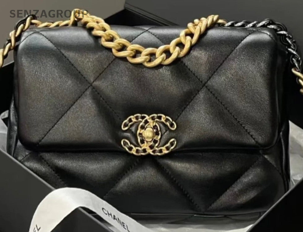 Chanel 19Bag PM Diamond Chain Top Handle Bag Crossbody Black Gold Women Classic