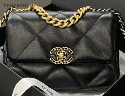 Chanel 19Bag PM Diamond Chain Top Handle Bag Crossbody Black Gold Women Classic