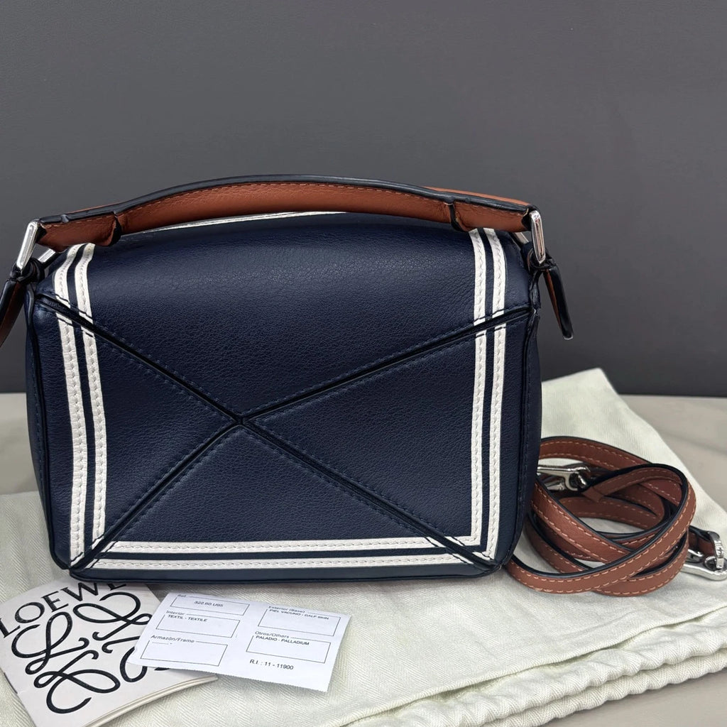 Loewe Puzzle Mini Top Handle Shoulder Crossbody Bag Navy Brown Women