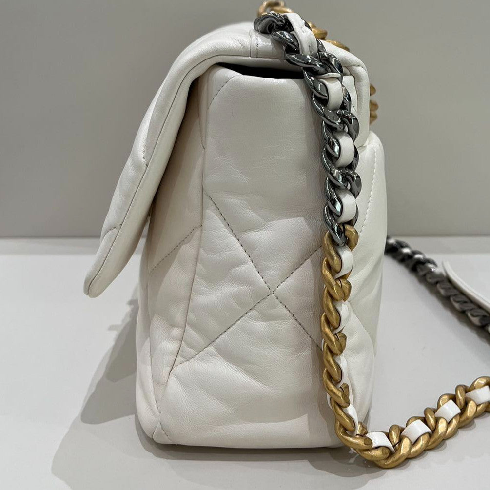 Chanel 19 Medium Quilted Bag White Gold Chain Shoulder Crossbody