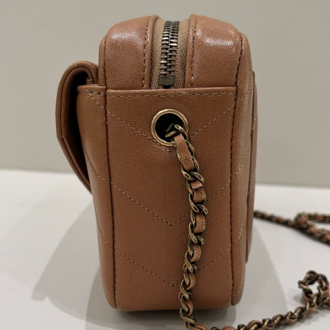 Chanel Brown V-Quilted Camera Bag Chain Strap Shoulder Crossbody Classic