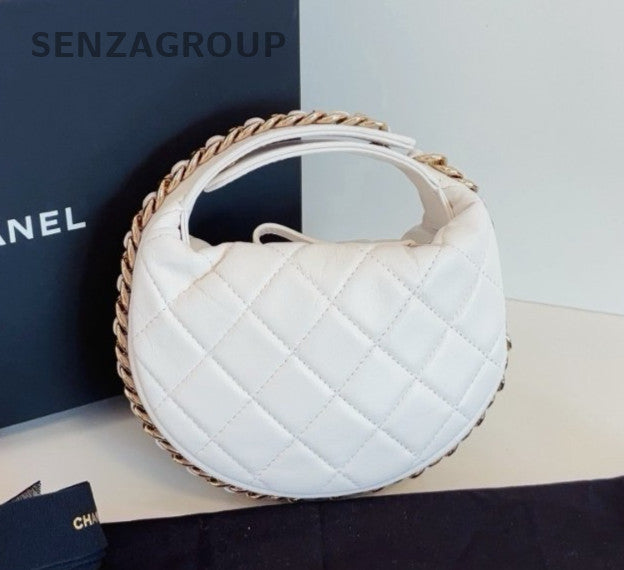 Chanel Pouch Hobo White Gold Top Handle Bag Used Women Classic