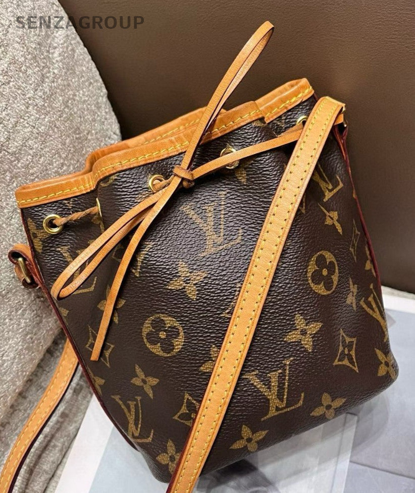 Louis Vuitton Monogram Nano Bucket Bag Crossbody Brown Gold Women Classic