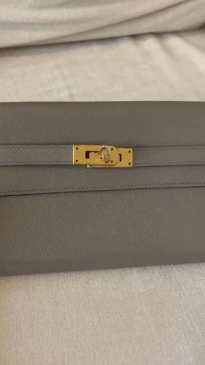 Hermes Kelly Long Wallet Epsom Leather Gray Gold Women