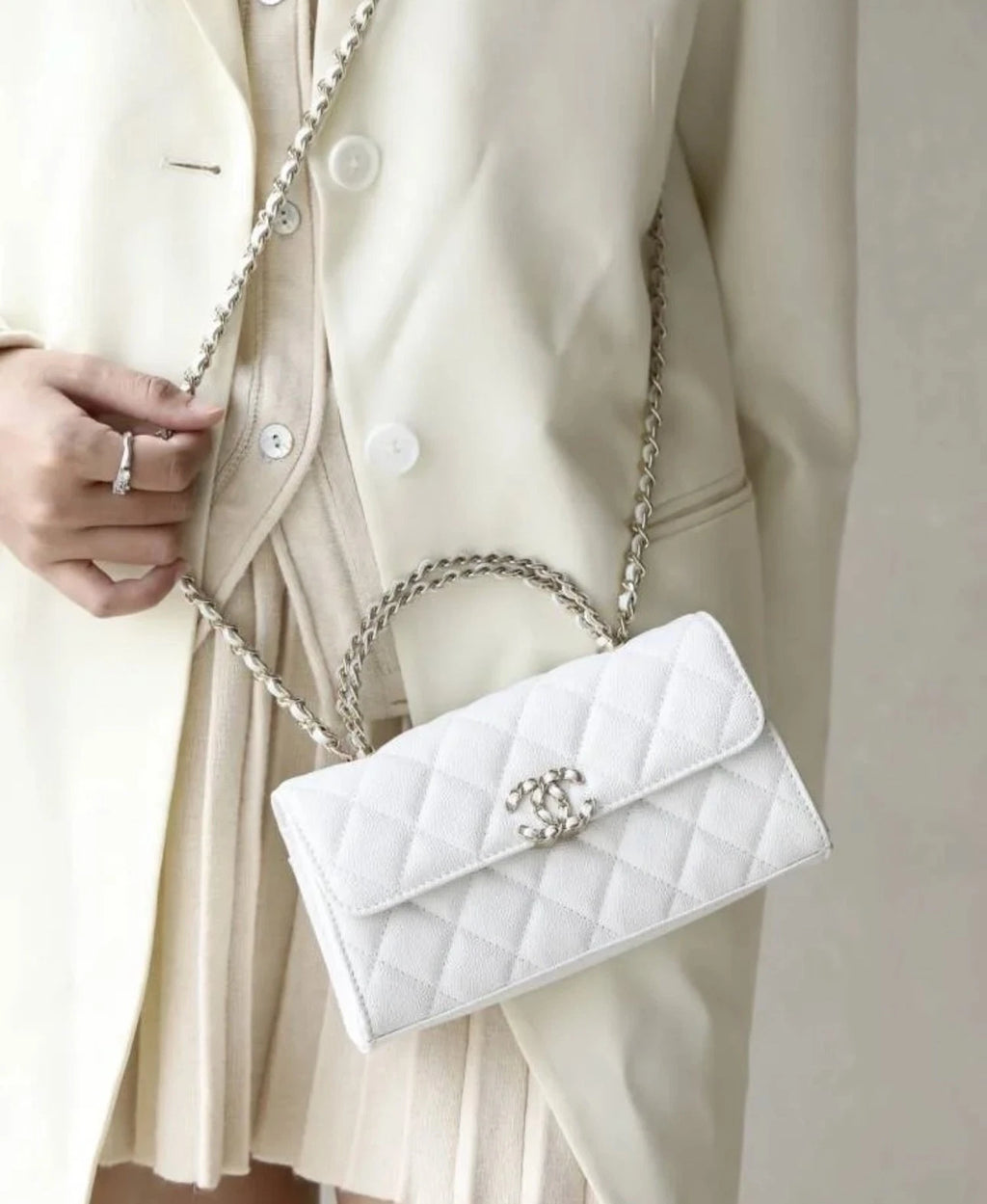 CHANEL White Leather Top Handle Kelly Handbag For Women