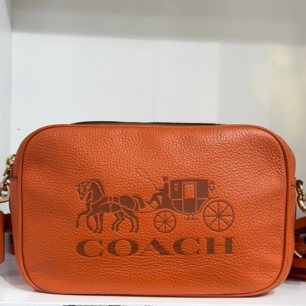 Coach Orange Horse Carriage Logo Print Camera Crossbody Bag For Women