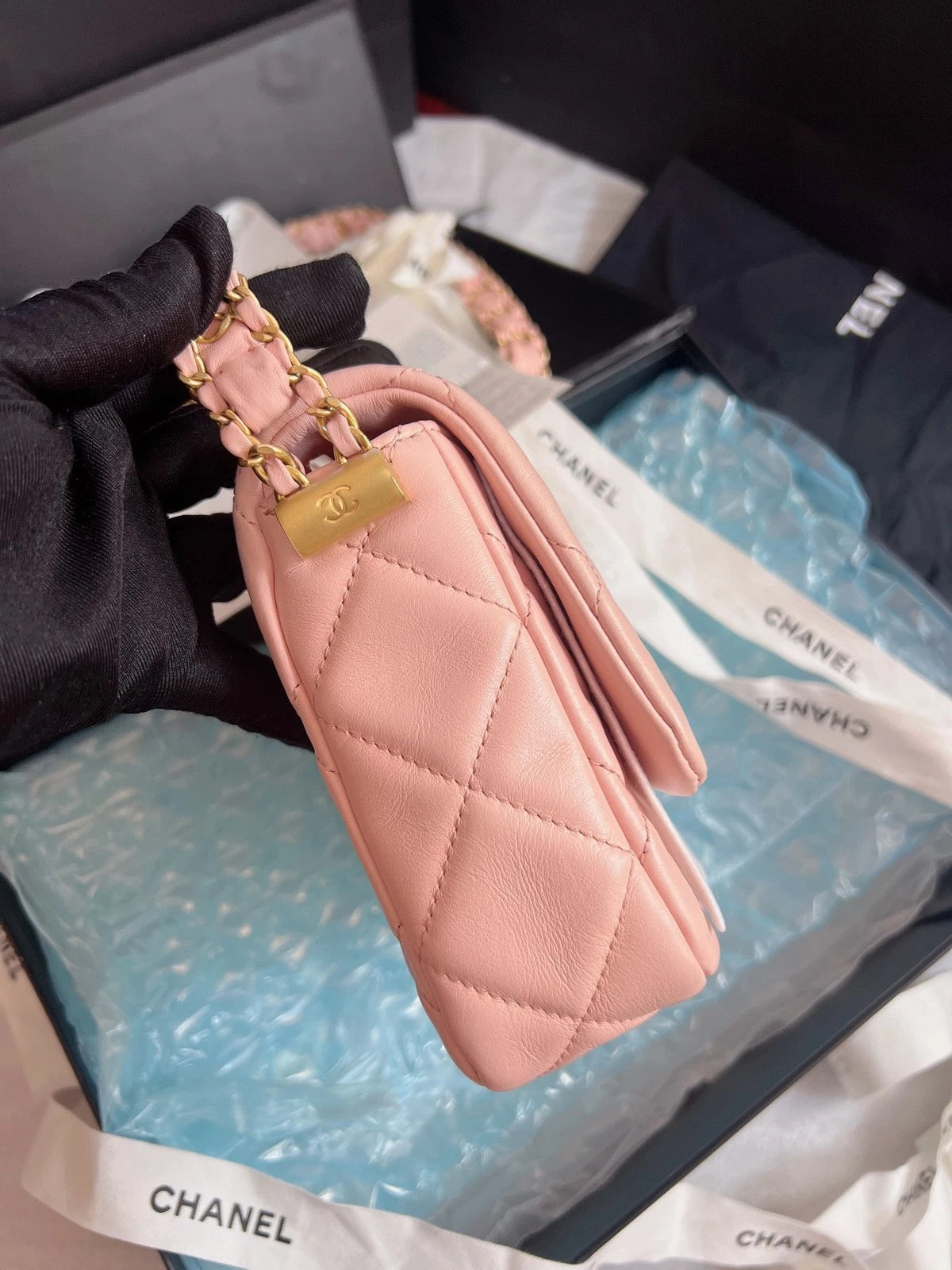 Chanel Diamond Calfskin Chain Shoulder Bag Pink Gold Used Women Classic