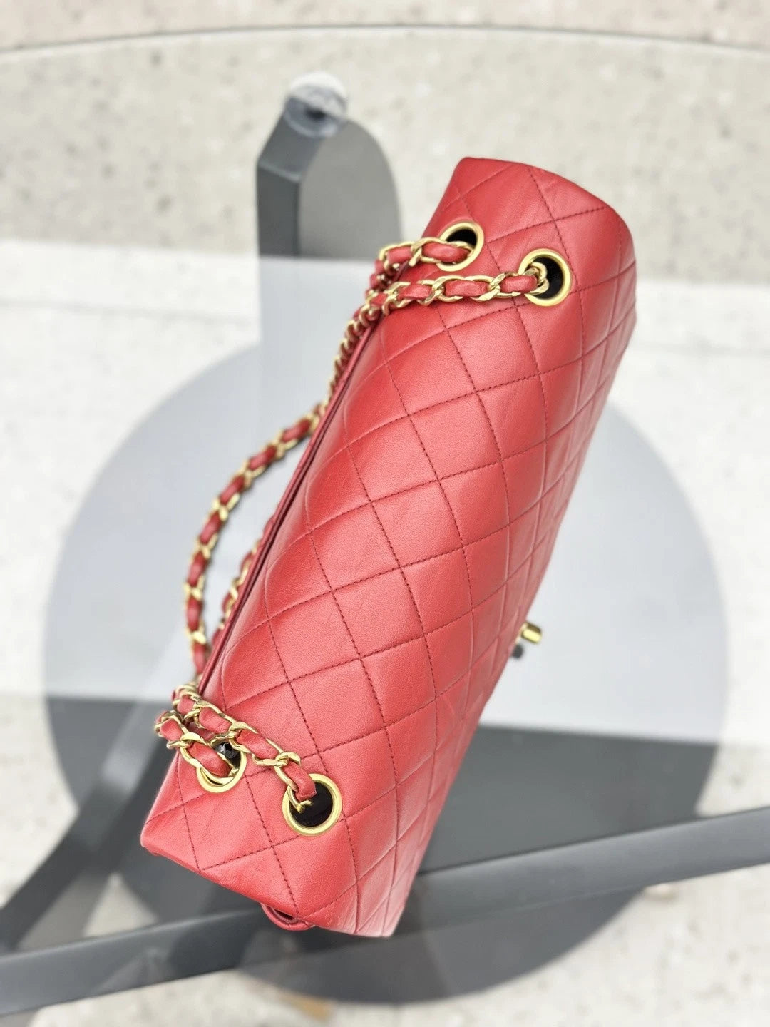 Chanel Vintage Classic Flap Chain Lambskin Shoulder Bag Red Gold Women S