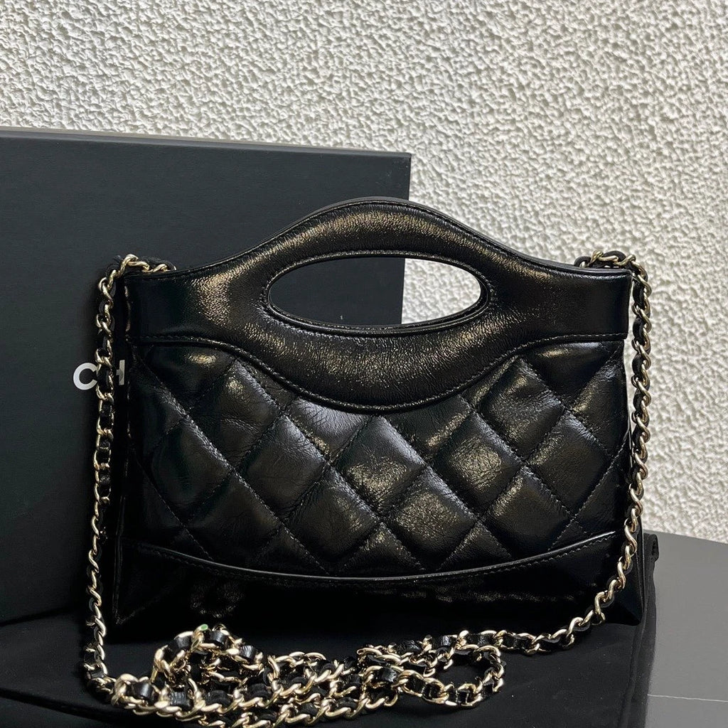 Chanel 31Bag Nano Chain Top Handle Crossbody Black Gold Diamond Women Classic