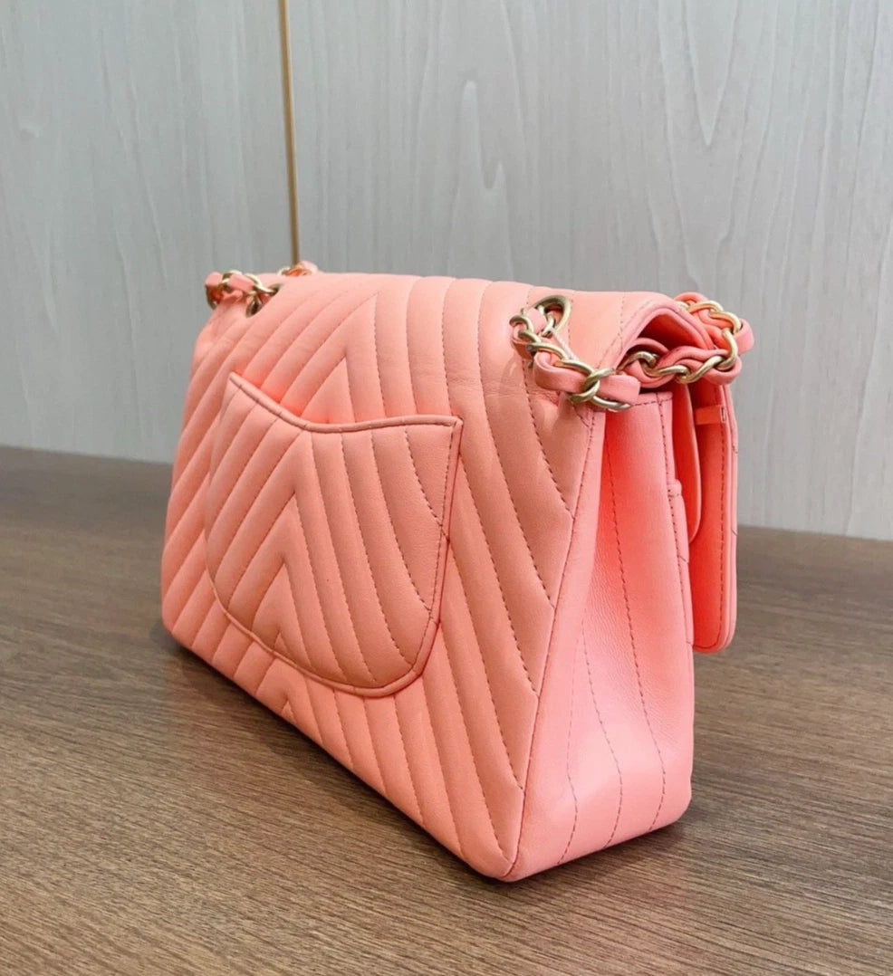 Chanel Classic Flap Chevron Calfskin Turn Lock Shoulder Bag Pink Women