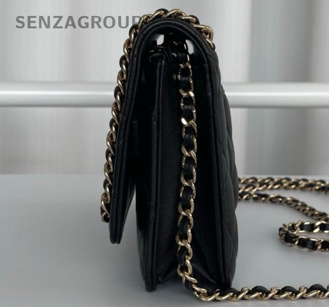 Chanel WOC Chain Shoulder Bag Crossbody Black Gold Women Classic Diamond