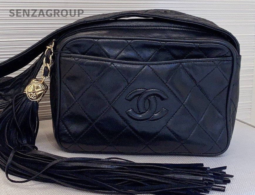 Chanel Fringe Diamond Pattern Shoulder Bag Black Gold Used Women Classic