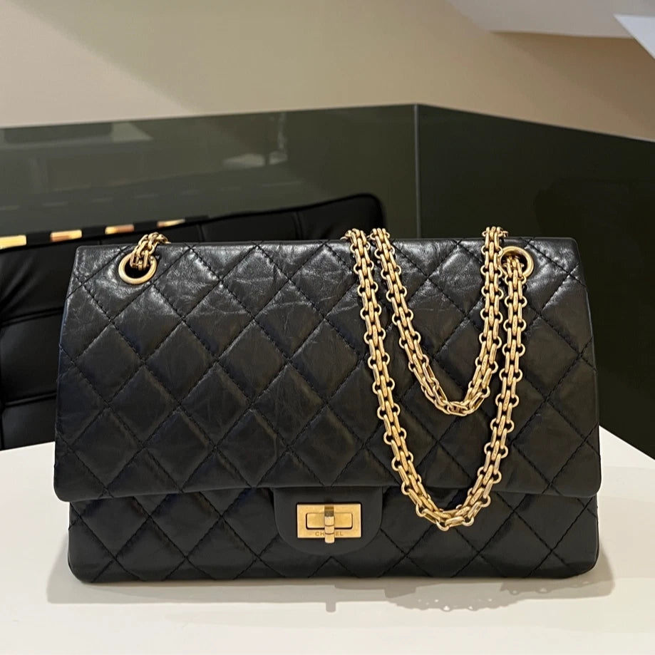 Chanel 2.55 Medium Black Gold Quilted Chain Shoulder Bag Classic