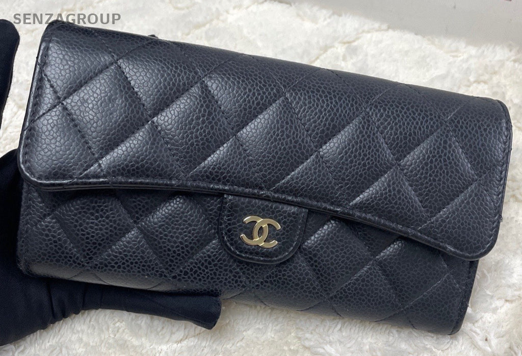 Chanel Classic Flap Clutch Diamond Long Wallet Black Gold Women Designer