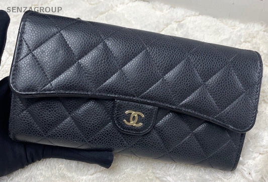 Chanel Classic Flap Clutch Diamond Long Wallet Black Gold Women Designer