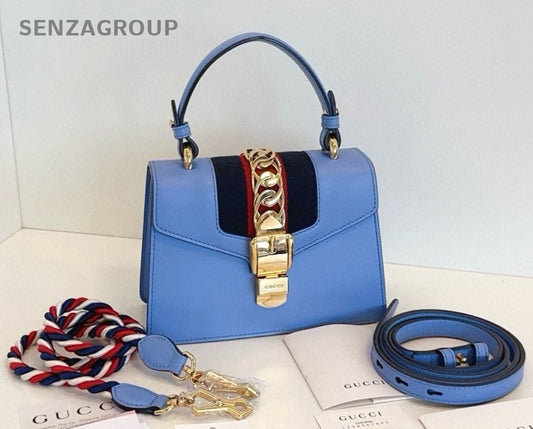 GUCCI Sylvie Small sky blue Top Handle 2WAY Shoulder bag Crossbody Leather WOMEN