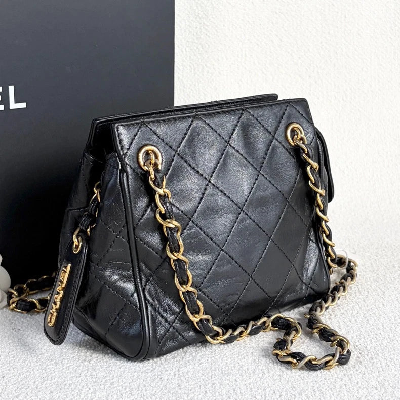 Chanel Calfskin Chain Shoulder Bag Black Gold Diamond Women Classic Vintage