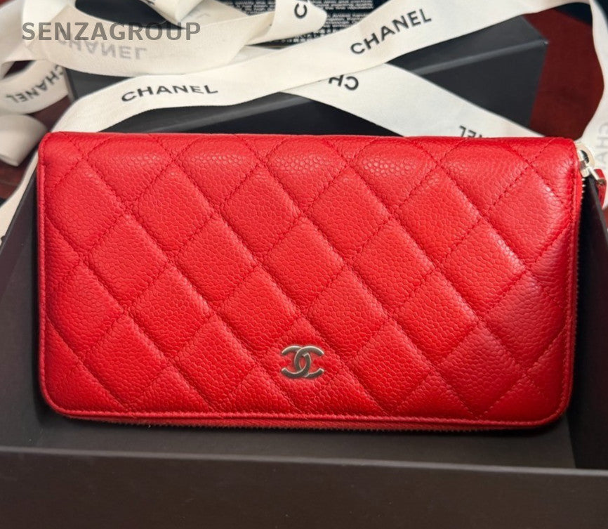 Chanel Diamond Long Wallet Clutch Red Silver Used Women Classic
