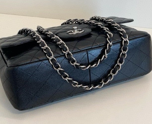 Chanel Classic Flap Jumbo Chain Shoulder Bag Black Silver Women Diamond Designer