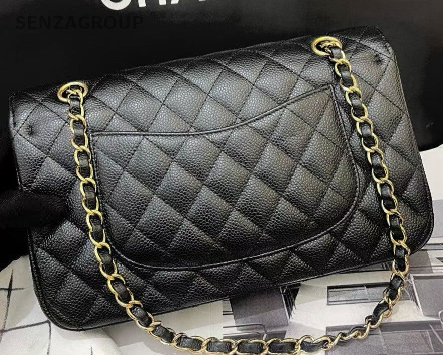 Chanel Classic Flap Calfskin Leather MM Chain Shoulder Bag Black Gold Women