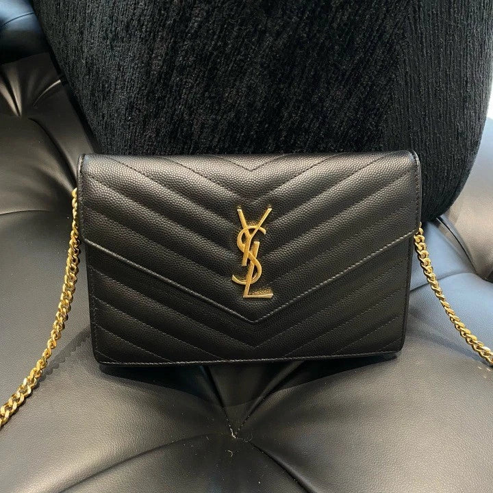 Saint Laurent Envelope PM Chain Shoulder Bag Crossbody Black Gold Women D