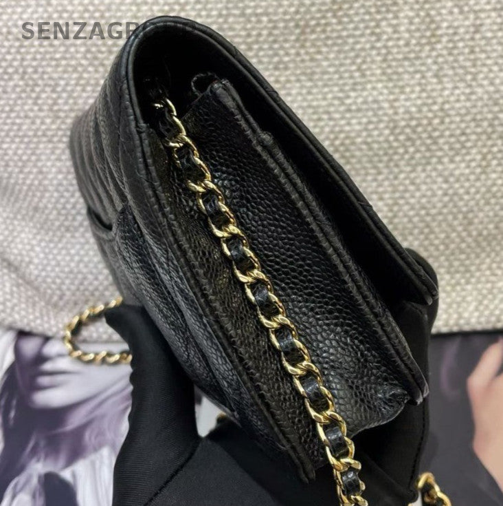 Chanel WOC Chain Shoulder Bag Crossbody Black Gold Diamond Women Classic