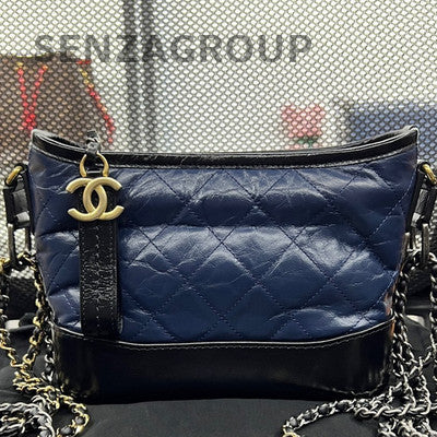 Chanel Small Gabrielle Hobo Bag Blue Gold Quilted Chain Shoulder Crossbody