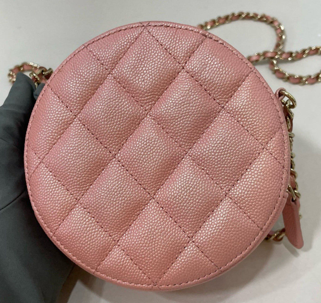 Chanel Diamond Lambskin Round Bag Chain Crossbody Pink Gold Women Classic