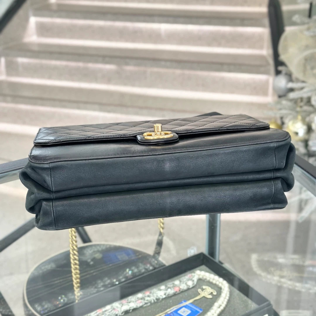 Chanel Calfskin GM Chain Top Handle Shoulder Bag Crossbody Black Gold Women S