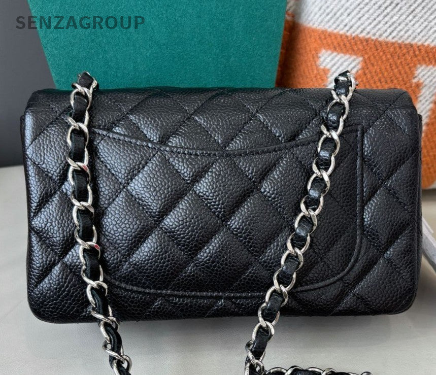 Chanel Classic Flap Chain Mini Shoulder Bag Crossbody Black Silver Diamond Women