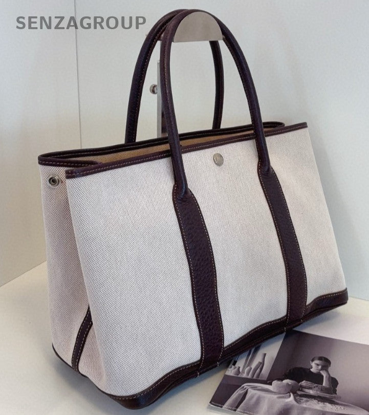 Hermes Garden Party36 Top Handle Bag Brown White Silver Women Classic