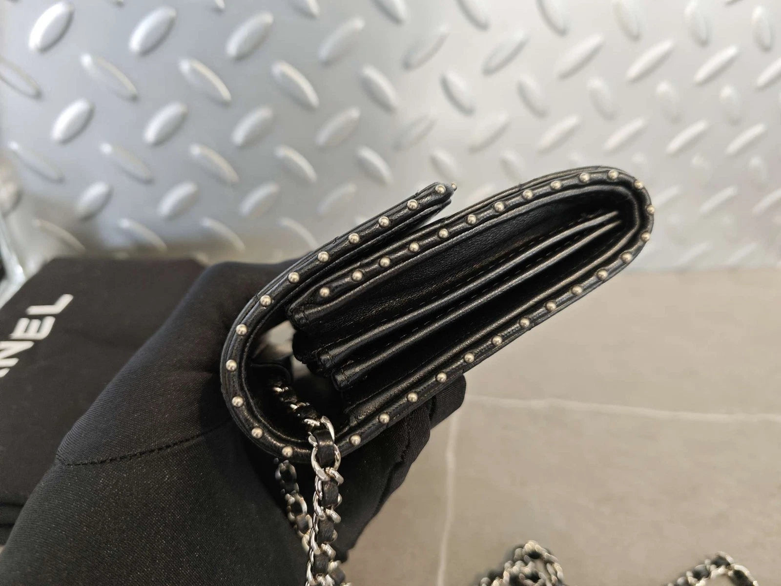 CHANEL Black Silver V Mini WOC Rivet Chain Leather Crossbody Bag Women