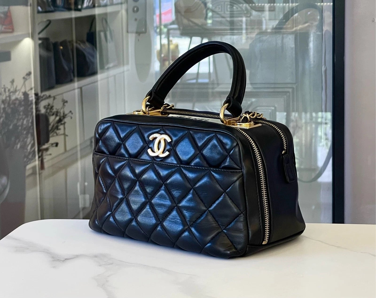 CHANEL Black Leather Bowling Top Handle Bag For Women