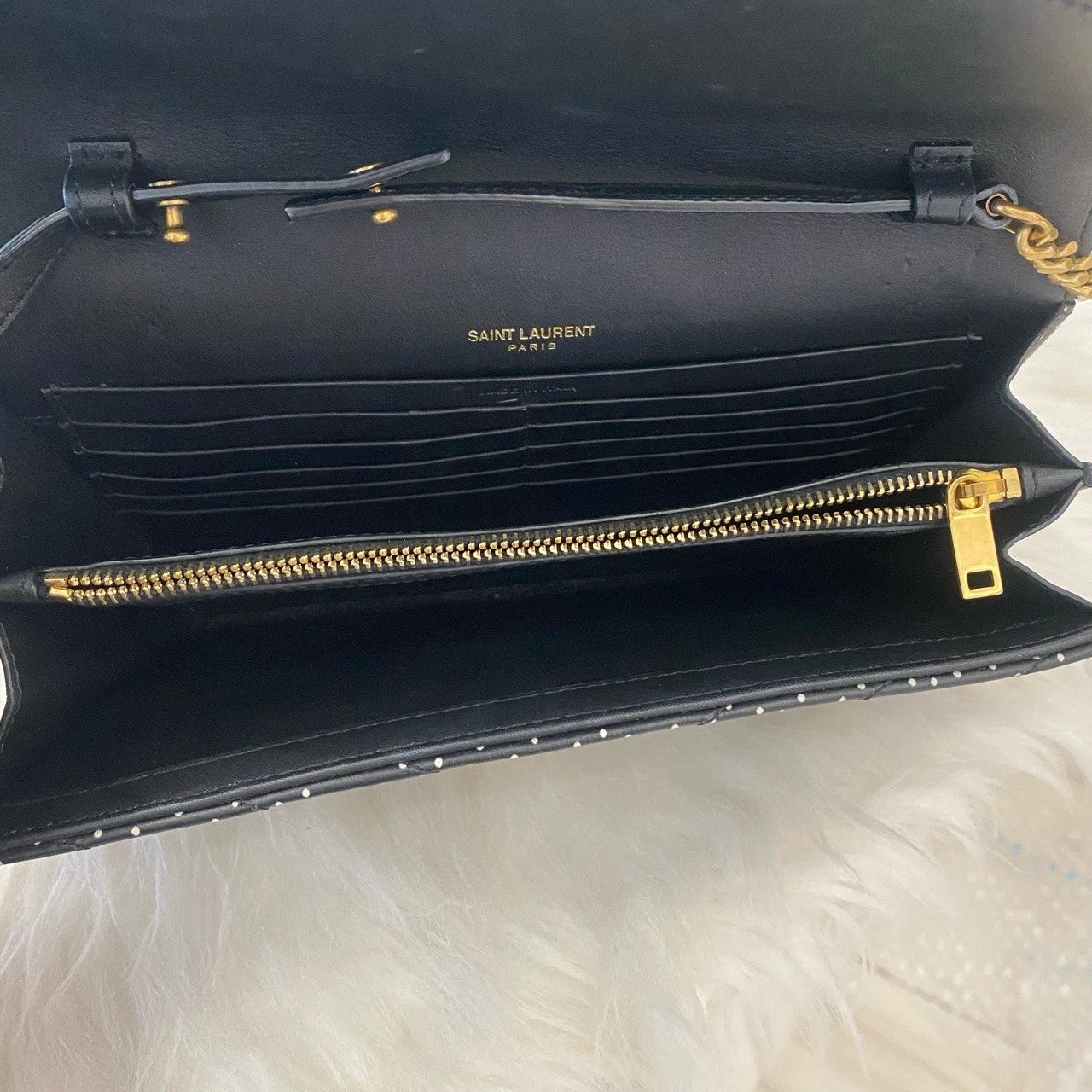 YSL Saint Laurent Polka Dot Envelope Chain Shoulder Crossbody Black Gold