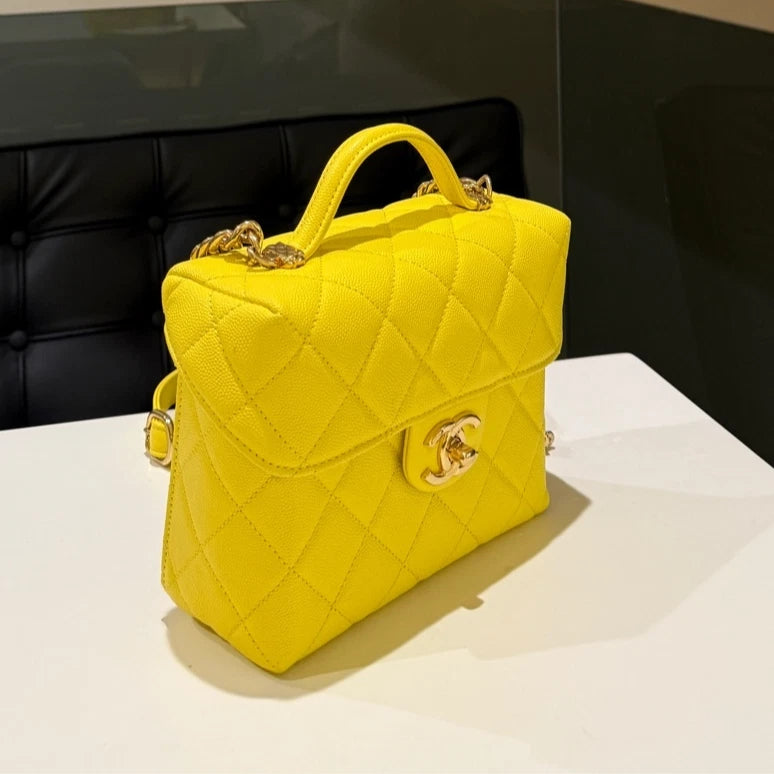 CHANEL Lemon Yellow Box Top Handle Crossbody Bag Diamond Women Classic