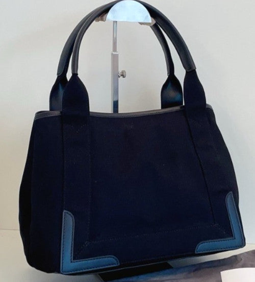 Balenciaga Navy Cabas Canvas Tote Top Handle Shoulder Bag With Pouch Black Women