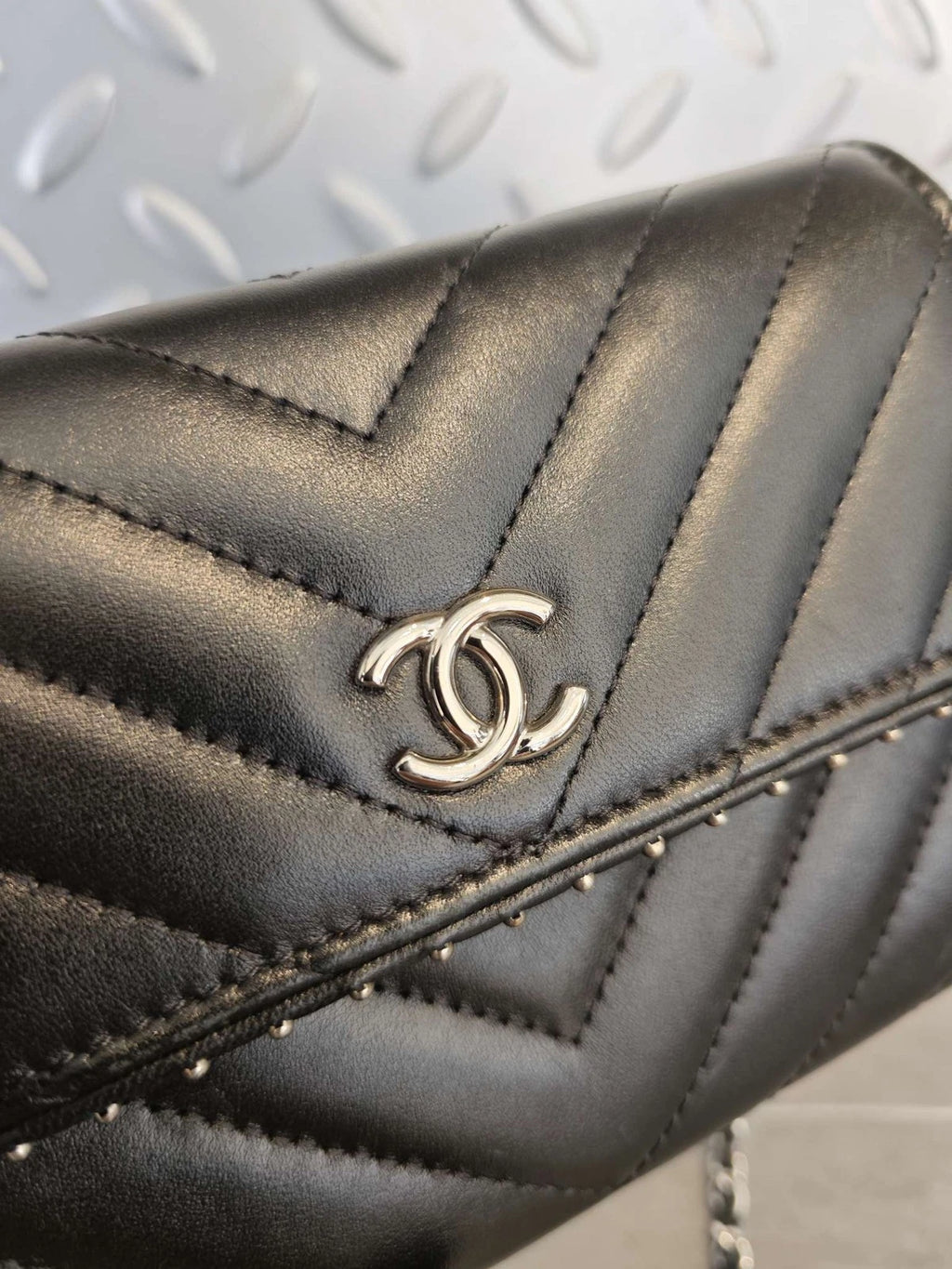 CHANEL Black Silver V Mini WOC Rivet Chain Leather Crossbody Bag Women