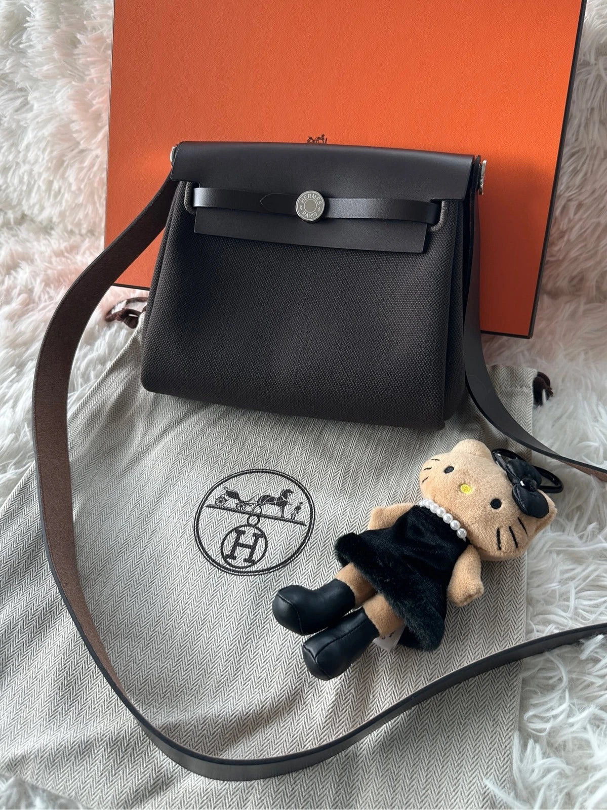 Hermes Canvas Mini Herbag Brown Silver Women's Shoulder Bag