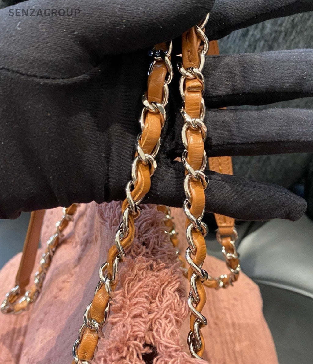 Chanel Beach Tote Chain Shoulder Bag Pink Brown Silver Women Classic