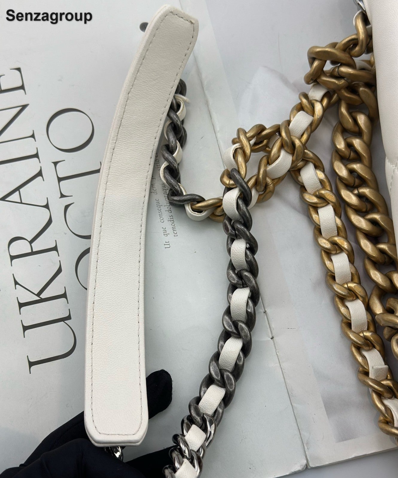 Chanel 19Bag PM Chain Top Handle Shoulder Crossbody White Gold Women Classic