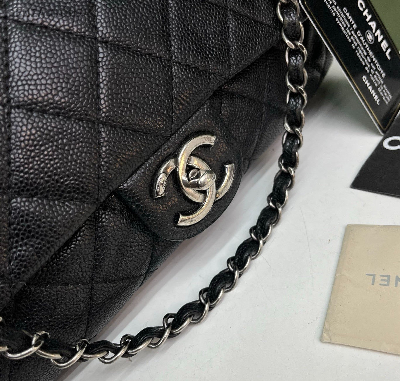 Chanel Classic Flap Chain Shoulder Bag Crossbody Diamond Black Silver Women